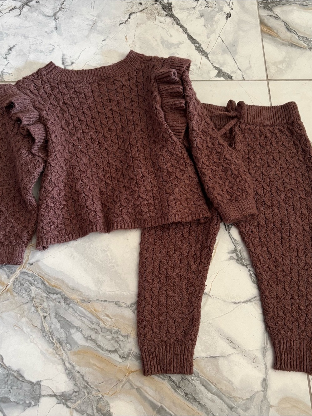 Rylee + Cru Cable Knit Ruffle Sweater & Pants Set in Brown